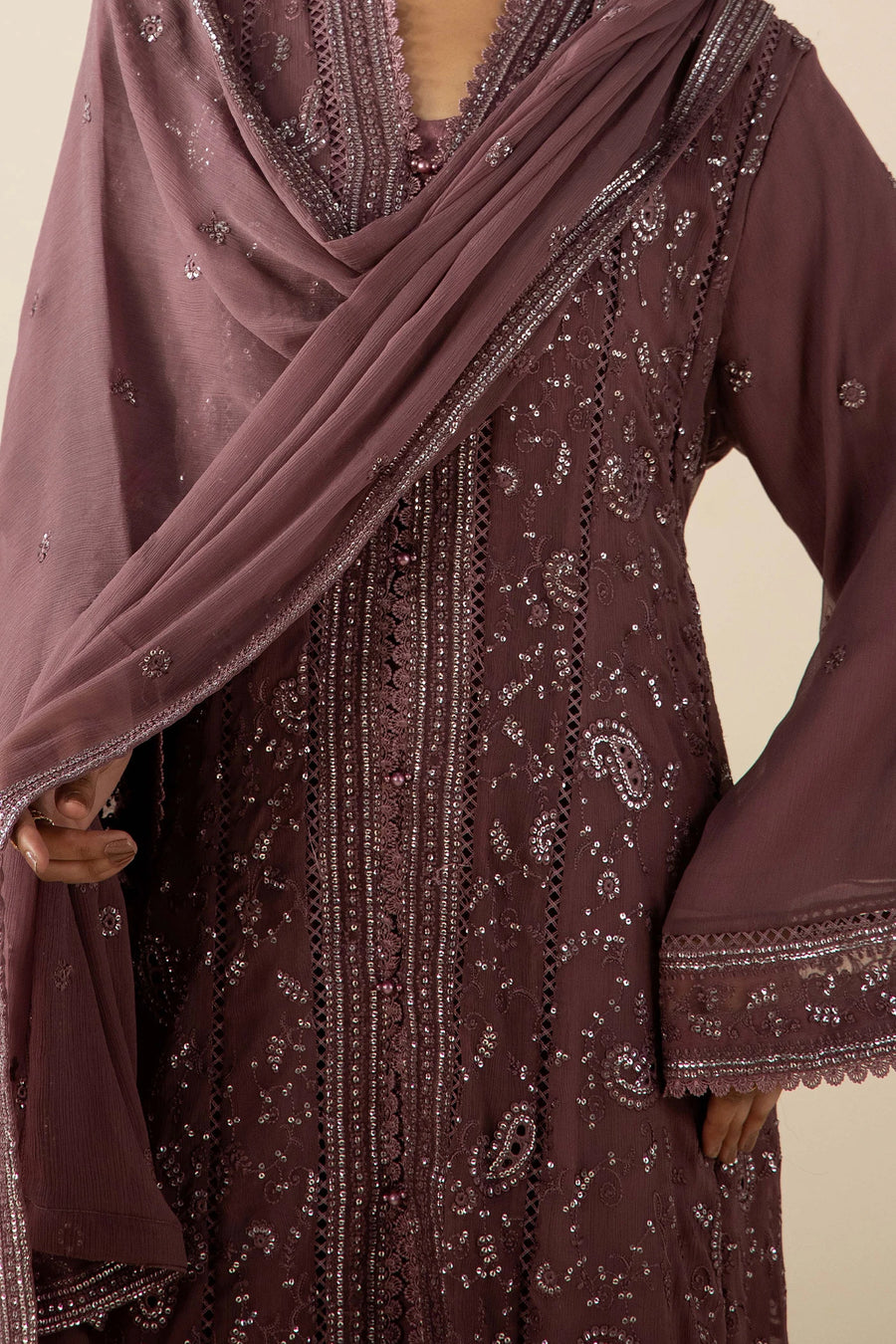 Adan's Libas Mauve Taupe Chikankari & Sequin 3pc