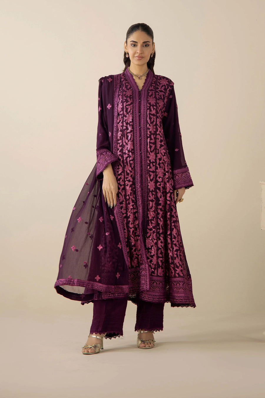 Adan's Libas Royal Plum & Magenta Chikankari 3pc