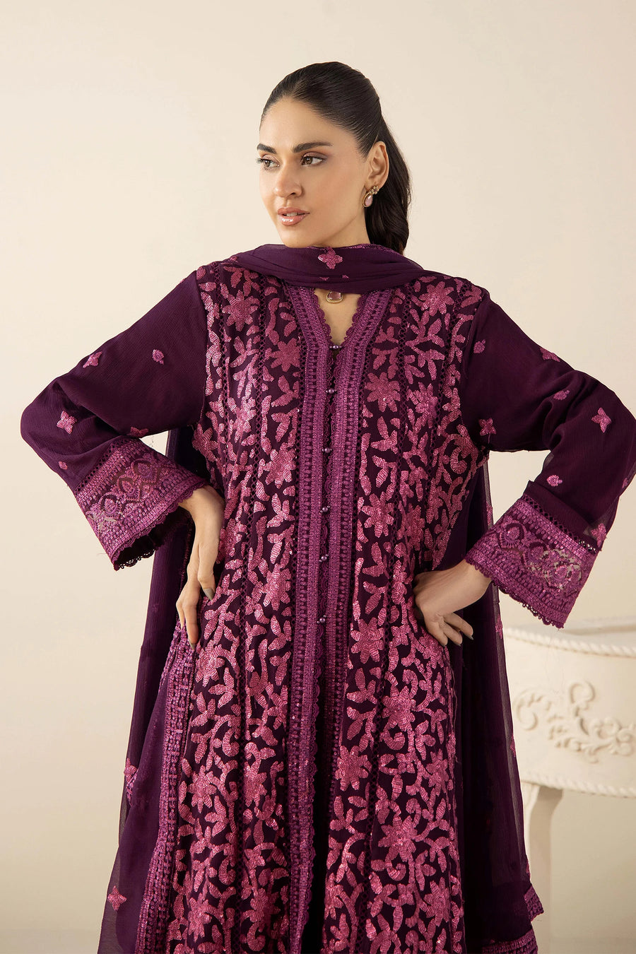 Adan's Libas Royal Plum & Magenta Chikankari 3pc