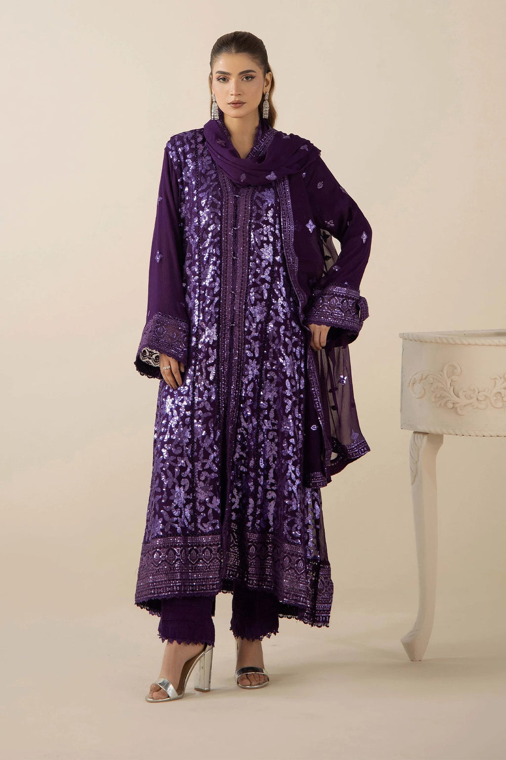Adan's Libas Midnight Violet Sequin & Chikankari 3pc