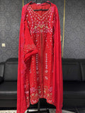 Vibrant Crimson Red & Pastel Blossom Embroidery 3pc