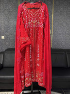 Vibrant Crimson Red & Pastel Blossom Embroidery 3pc