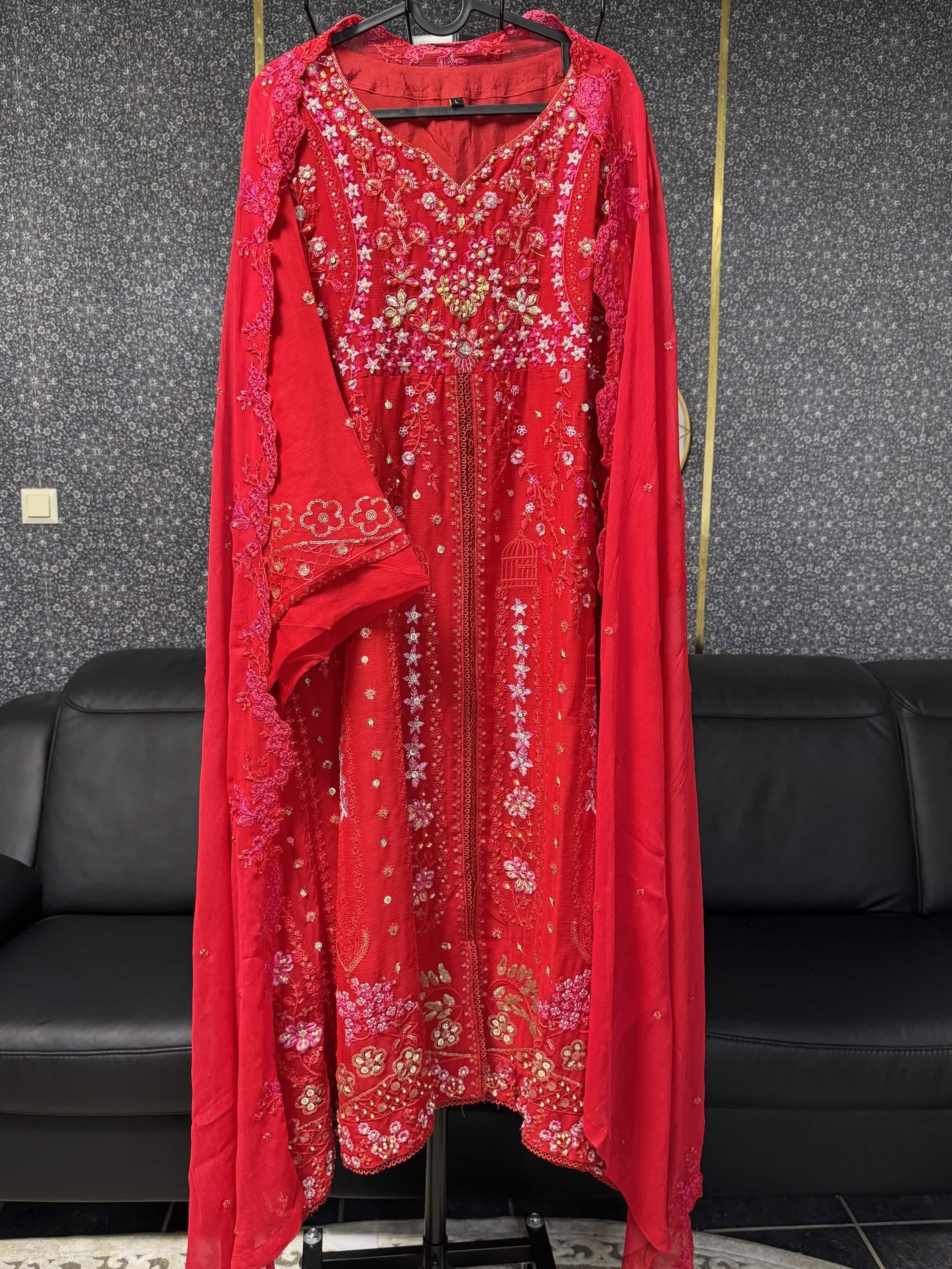 Vibrant Crimson Red & Pastel Blossom Embroidery 3pc