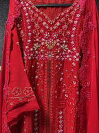 Vibrant Crimson Red & Pastel Blossom Embroidery 3pc