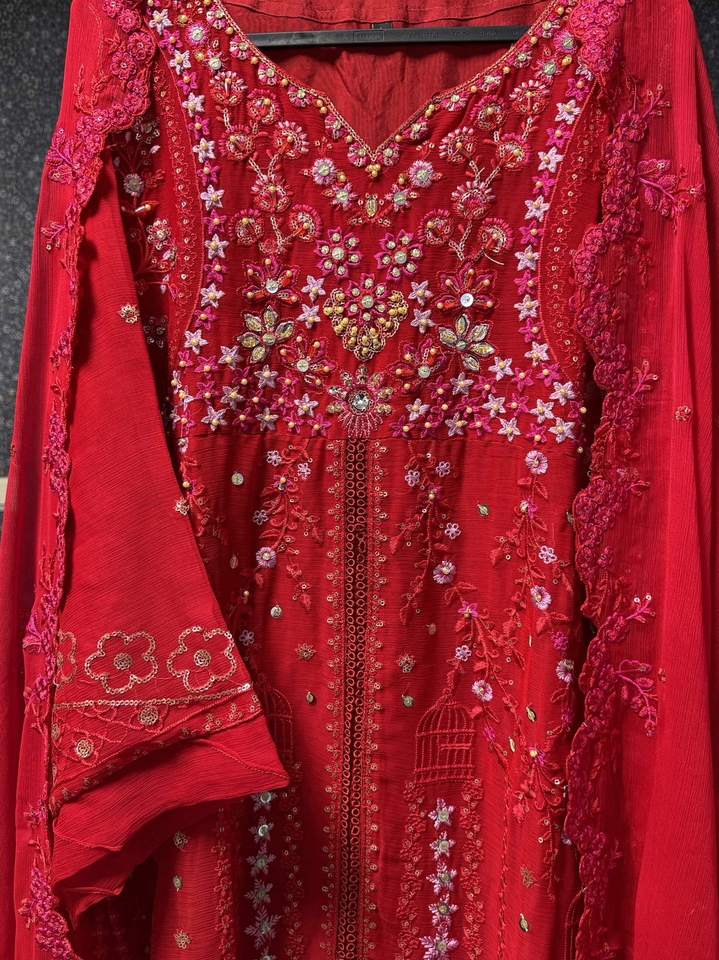 Vibrant Crimson Red & Pastel Blossom Embroidery 3pc