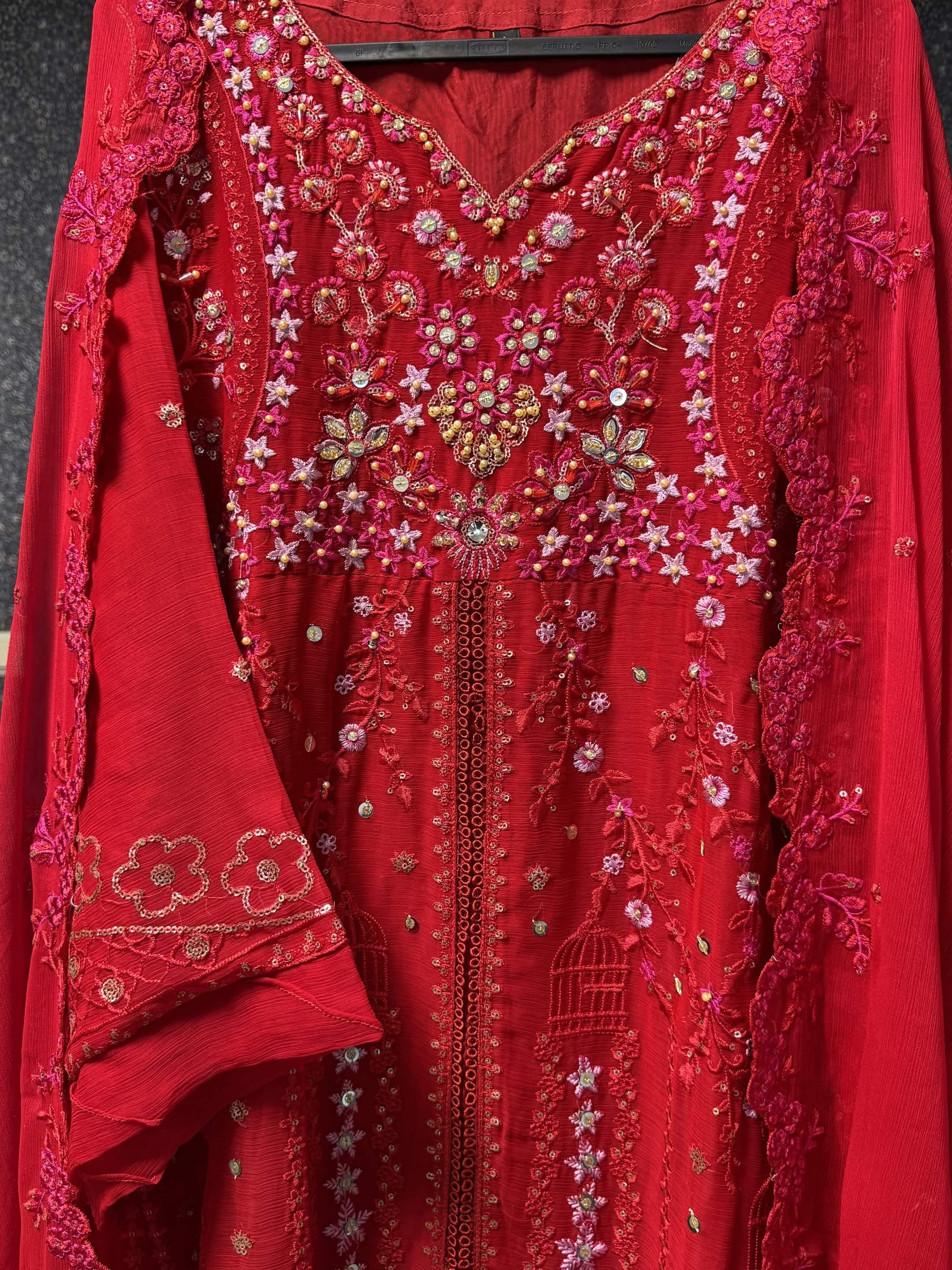 Vibrant Crimson Red & Pastel Blossom Embroidery 3pc