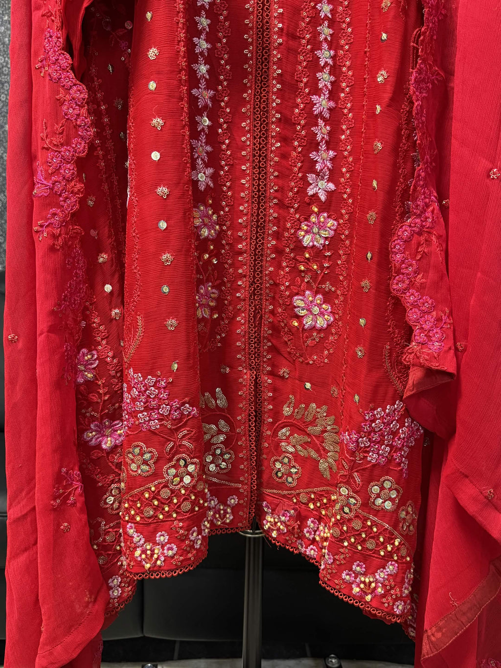 Vibrant Crimson Red & Pastel Blossom Embroidery 3pc