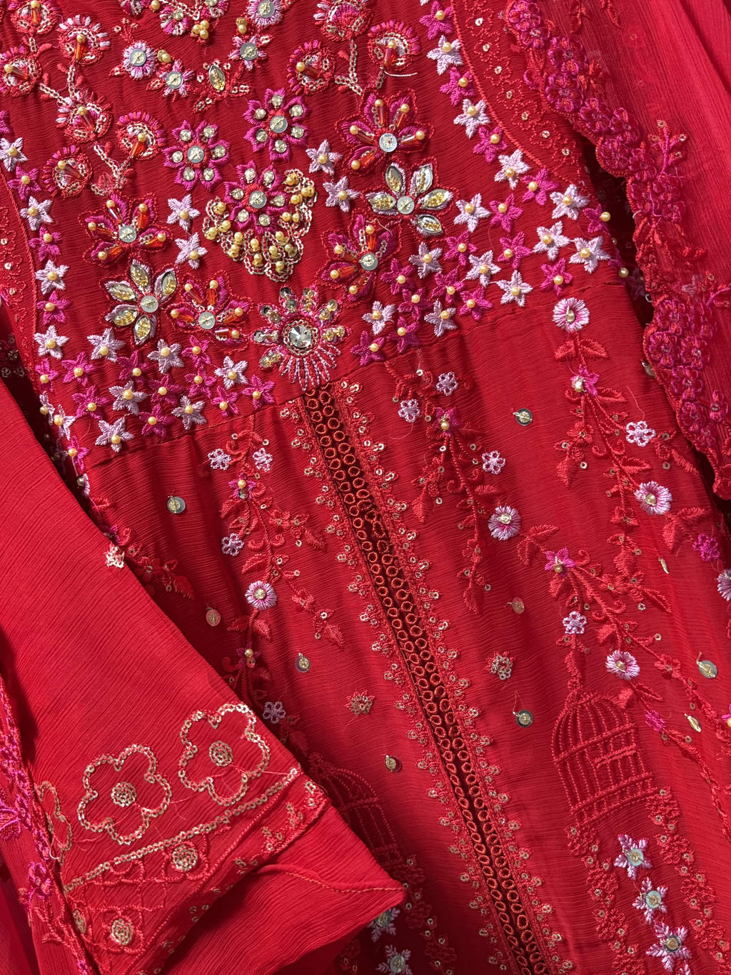 Vibrant Crimson Red & Pastel Blossom Embroidery 3pc