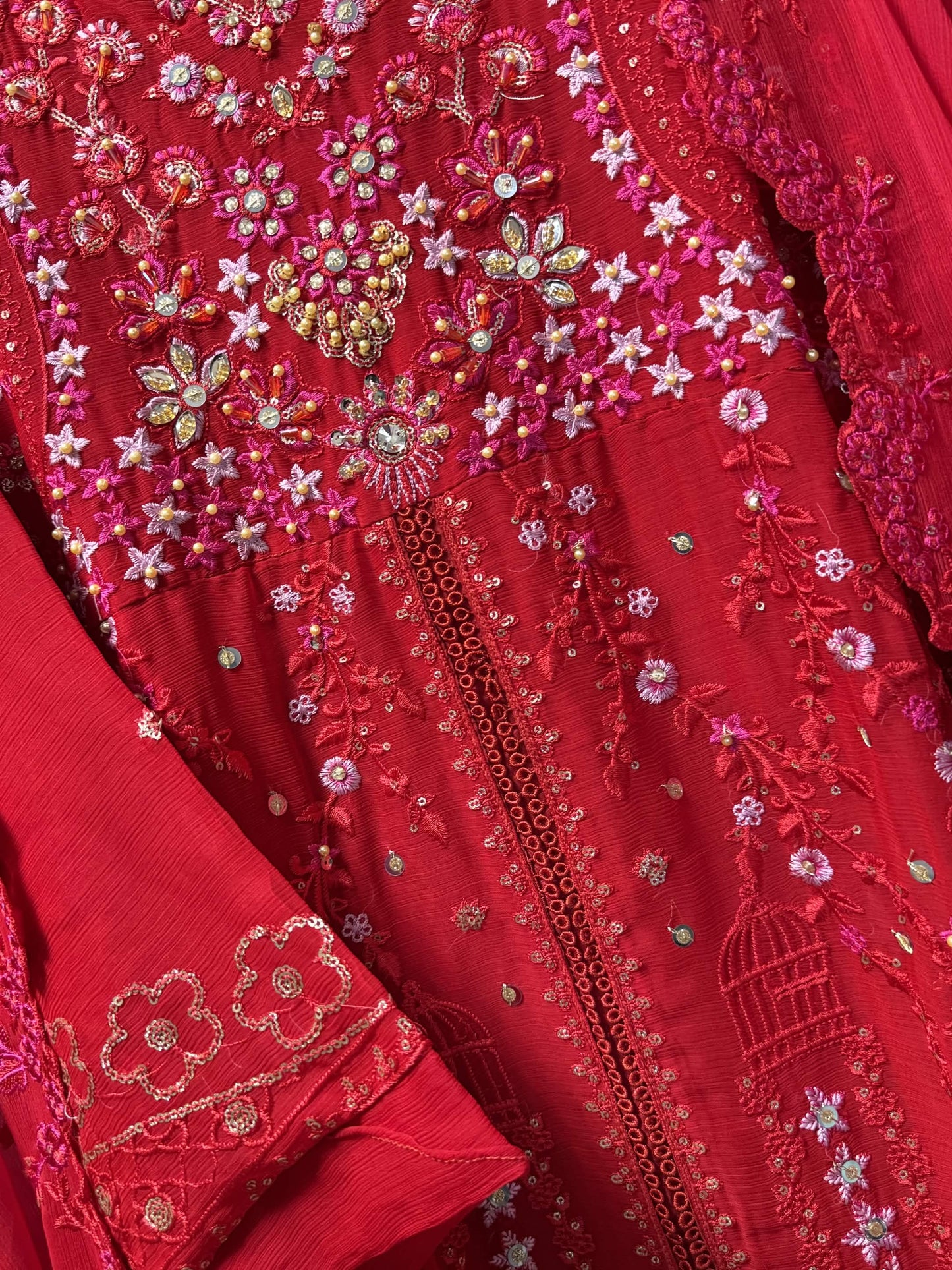 Vibrant Crimson Red & Pastel Blossom Embroidery 3pc