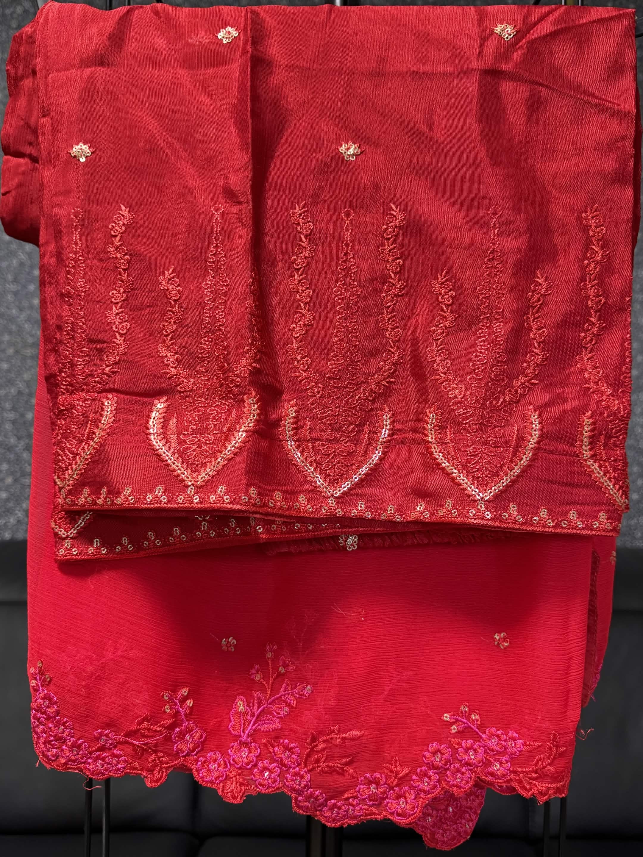 Vibrant Crimson Red & Pastel Blossom Embroidery 3pc
