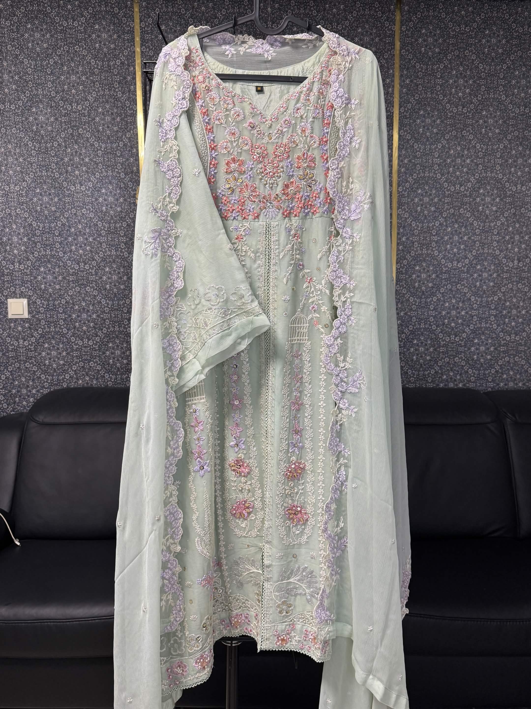 Mint Green & Pastel Blossom Embroidery 3pc