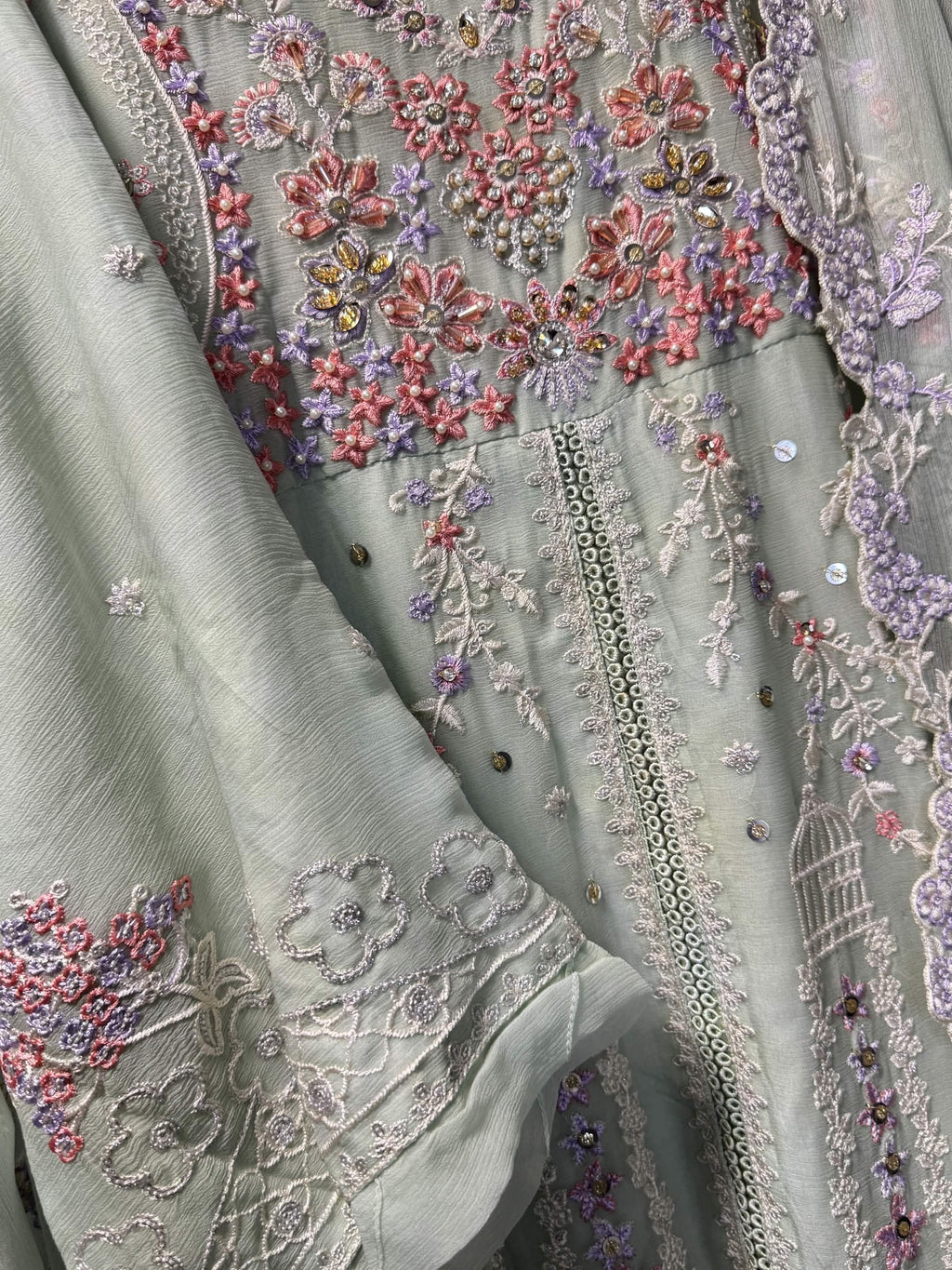 Mint Green & Pastel Blossom Embroidery 3pc