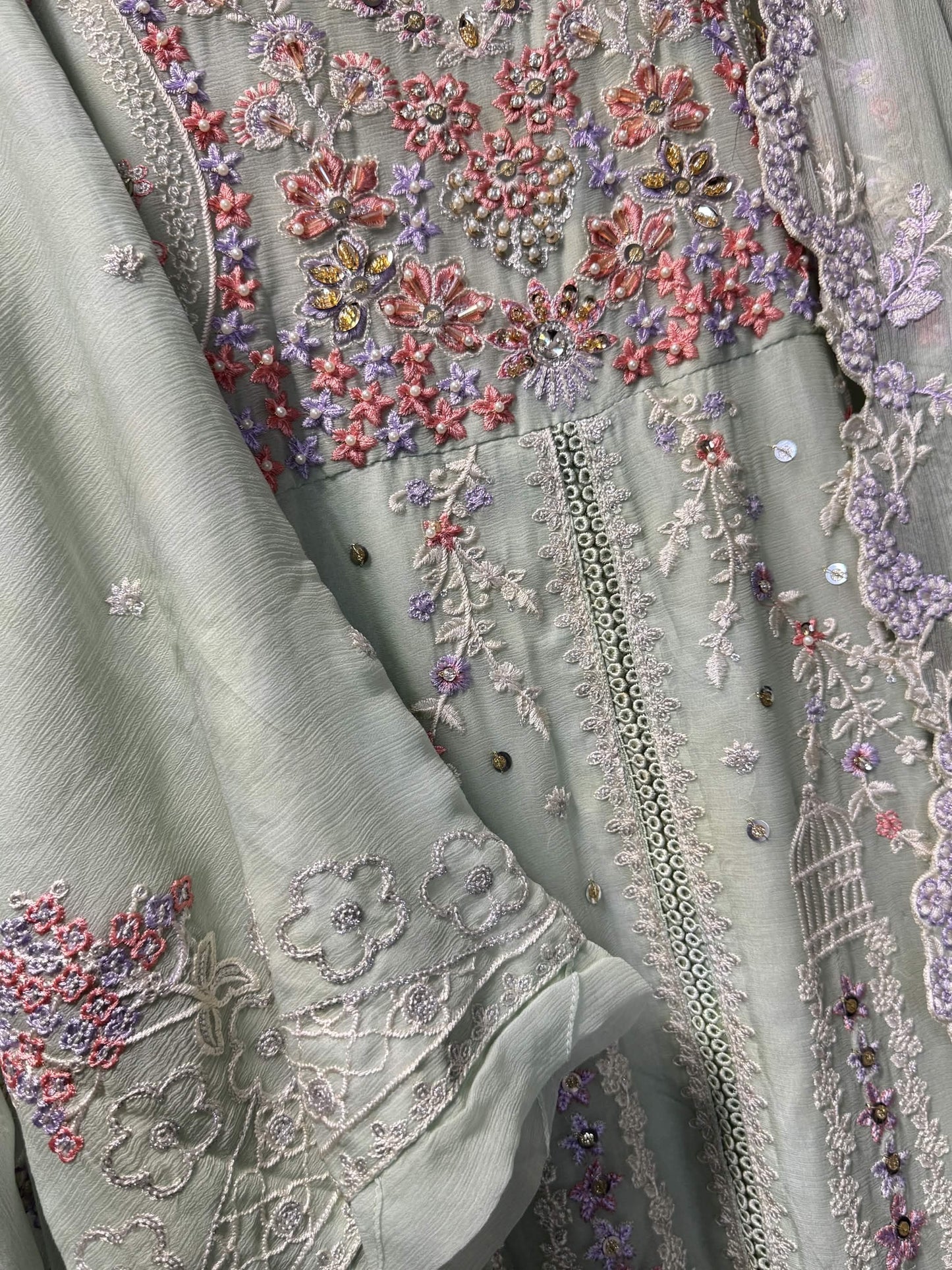 Mint Green & Pastel Blossom Embroidery 3pc
