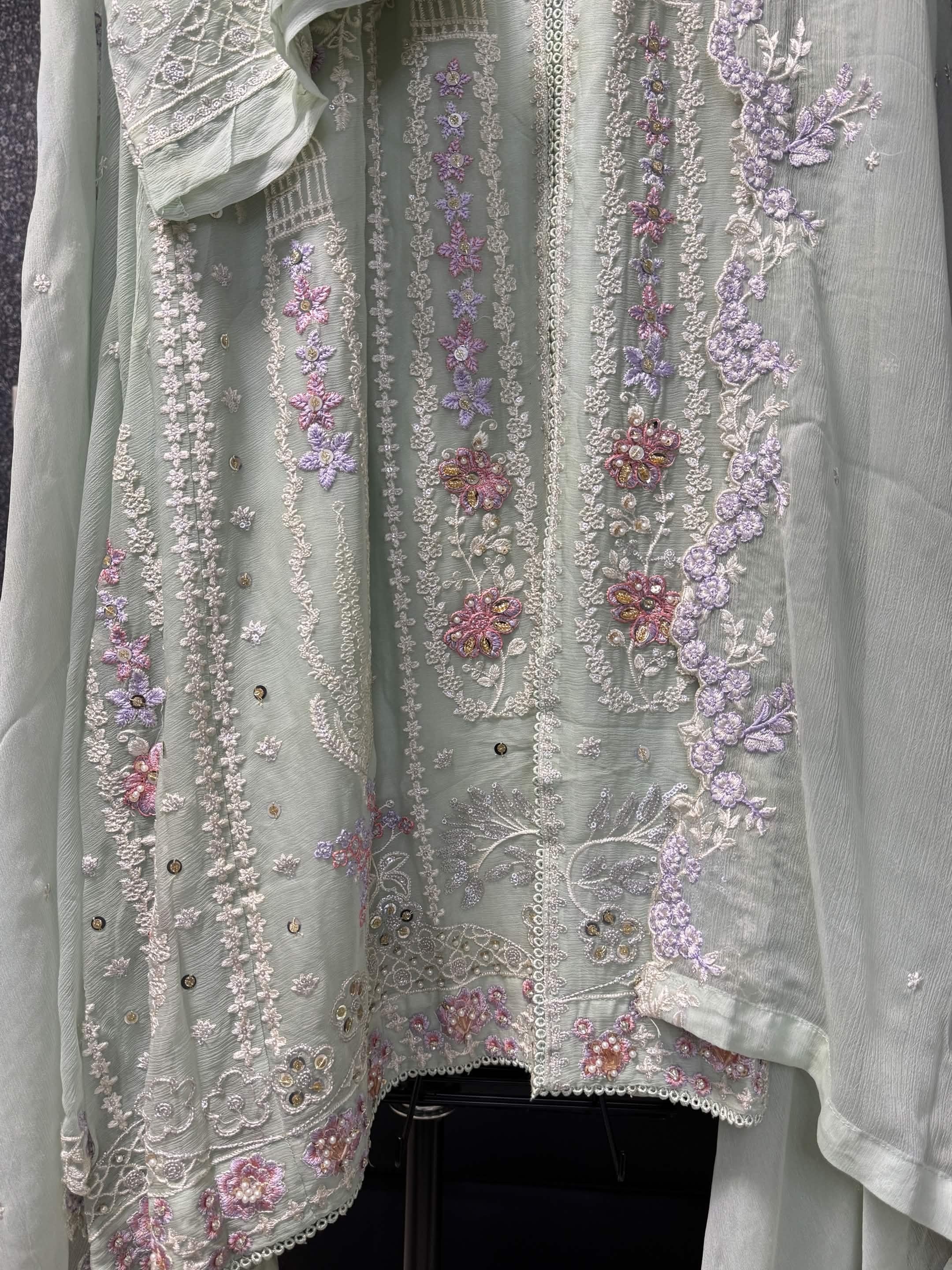 Mint Green & Pastel Blossom Embroidery 3pc
