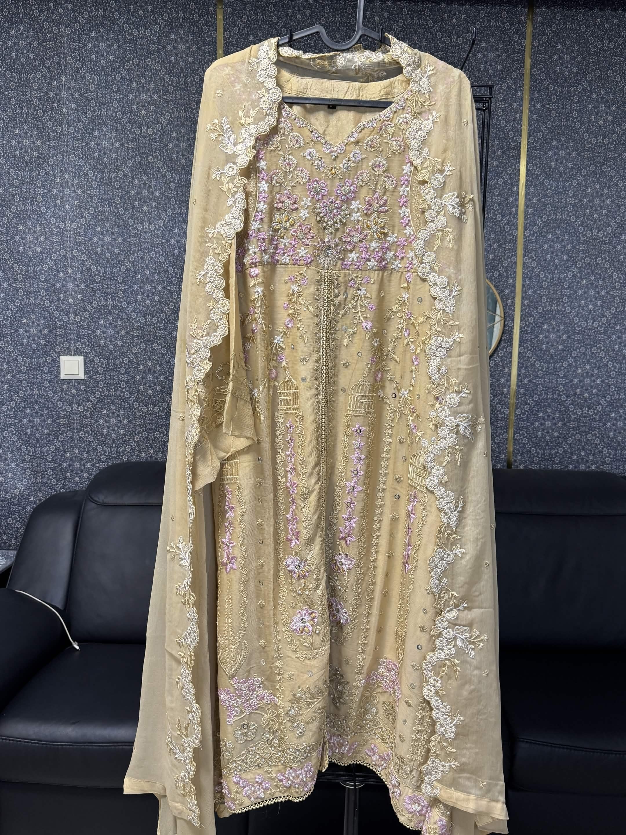 Champagne Gold & Pastel Blossom Embroidery 3pc