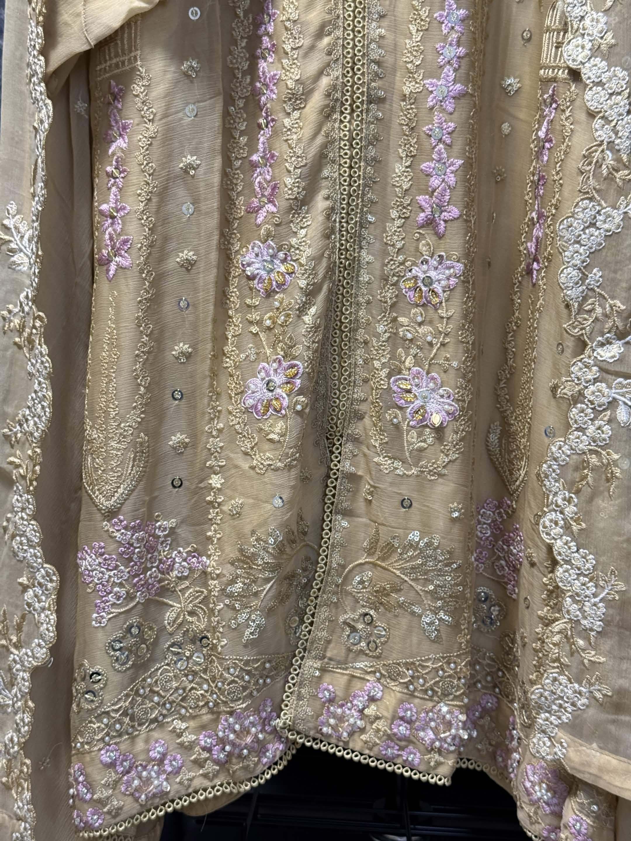 Champagne Gold & Pastel Blossom Embroidery 3pc