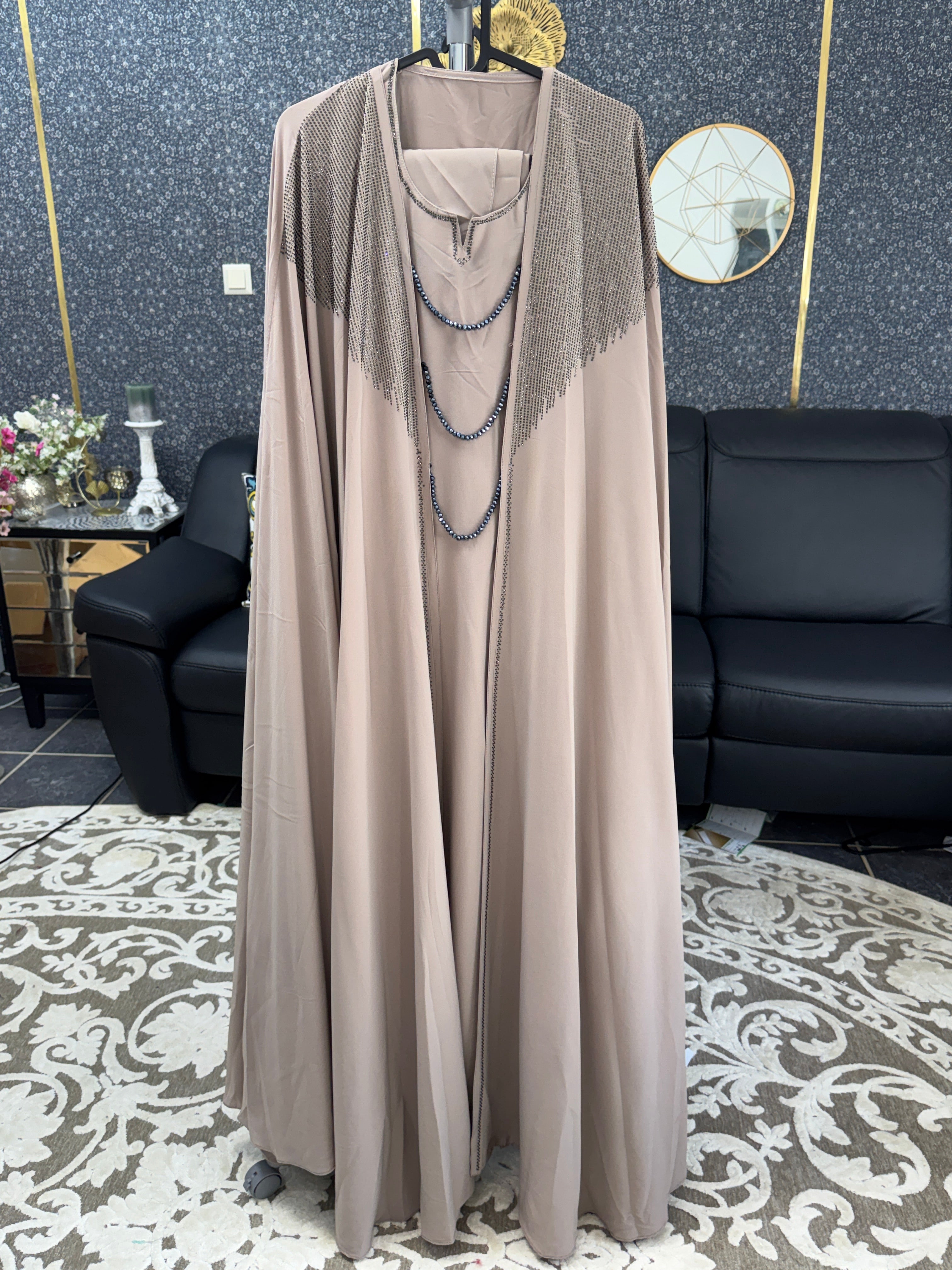 Muted latte brown Kaftan Style Abaya 4pc