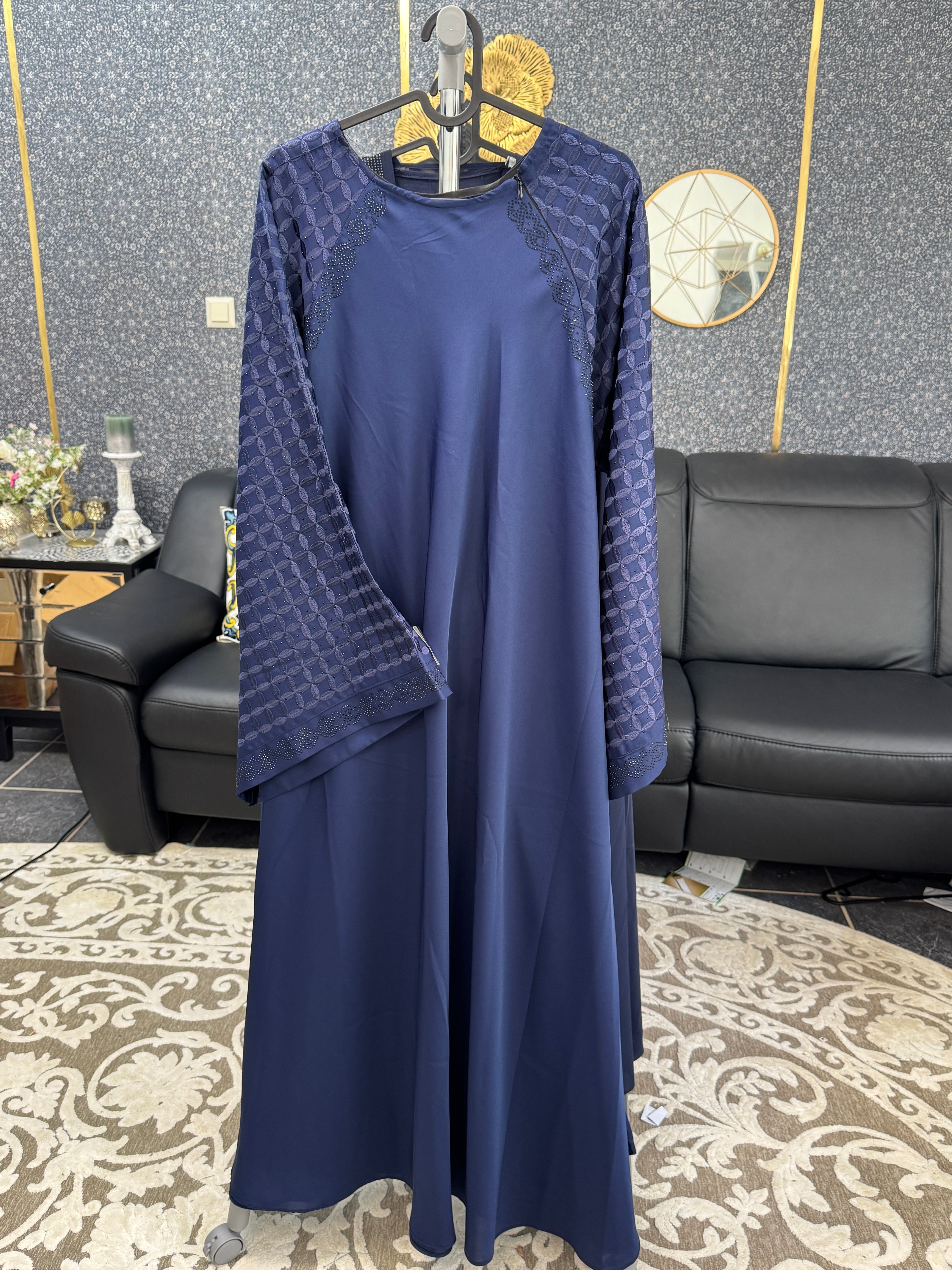 Persian blue Embossed Geometric Pattern Abaya