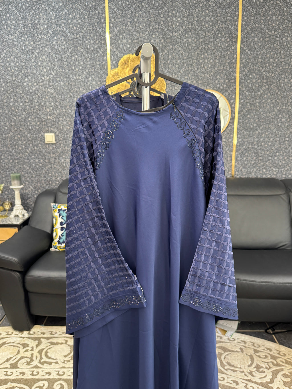 Persian blue Embossed Geometric Pattern Abaya