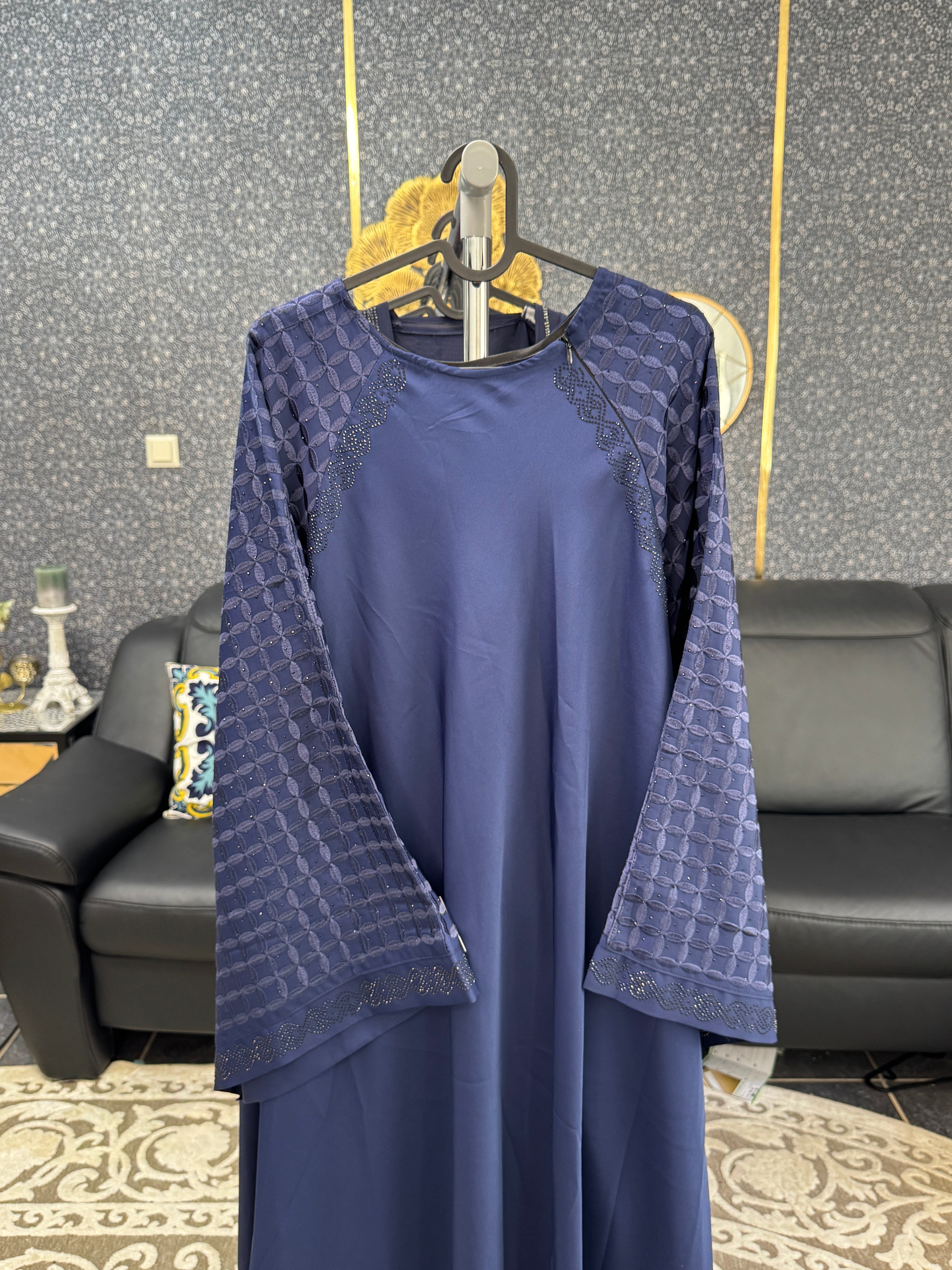 Persian blue Embossed Geometric Pattern Abaya