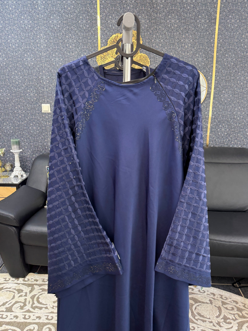 Persian blue Embossed Geometric Pattern Abaya
