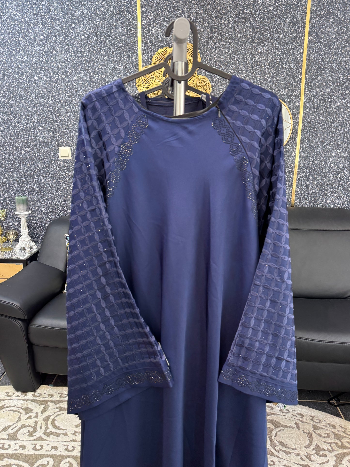 Persian blue Embossed Geometric Pattern Abaya