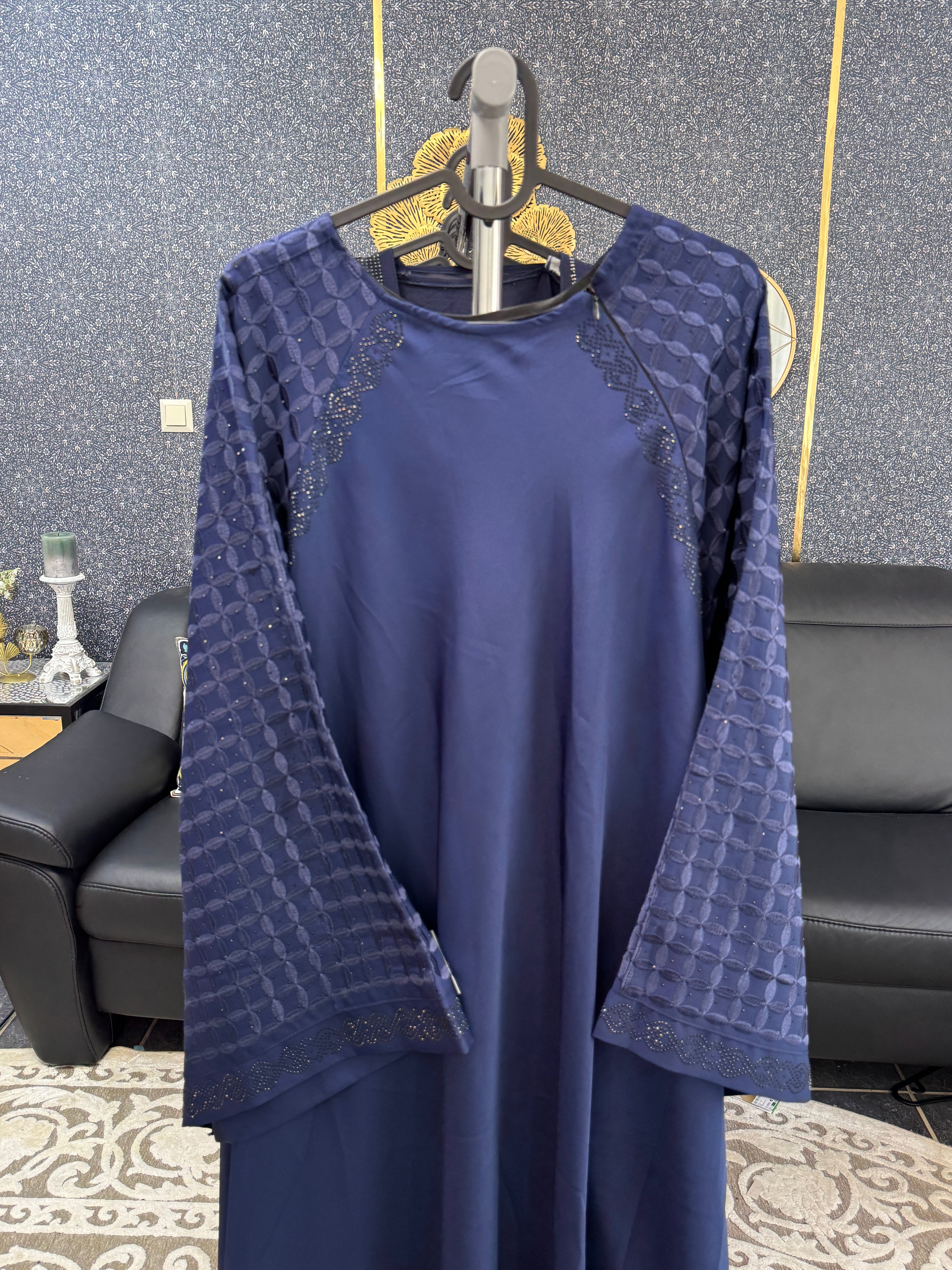 Persian blue Embossed Geometric Pattern Abaya
