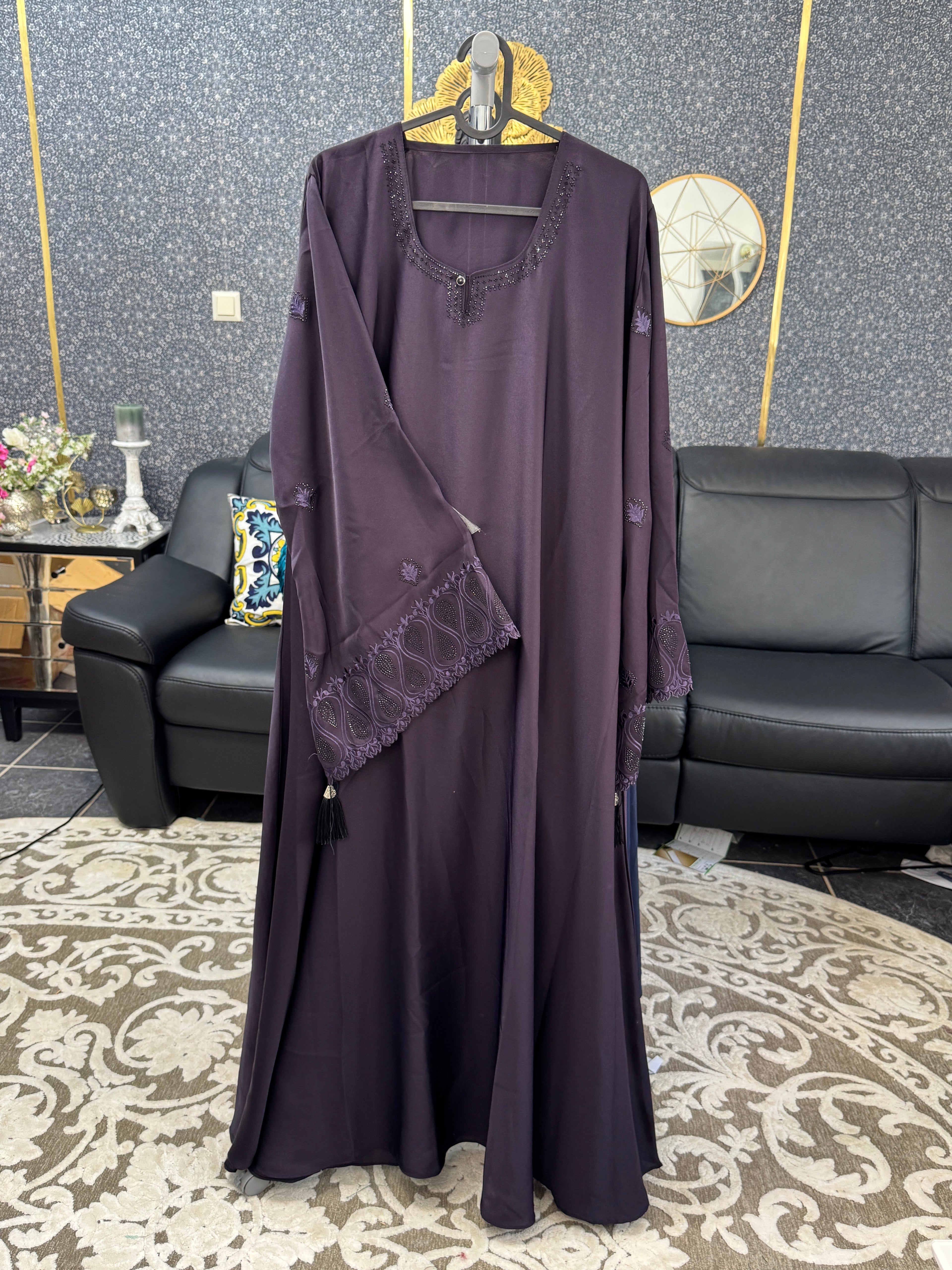 Deep Plum Paisley-Patterned Embroidery Abaya