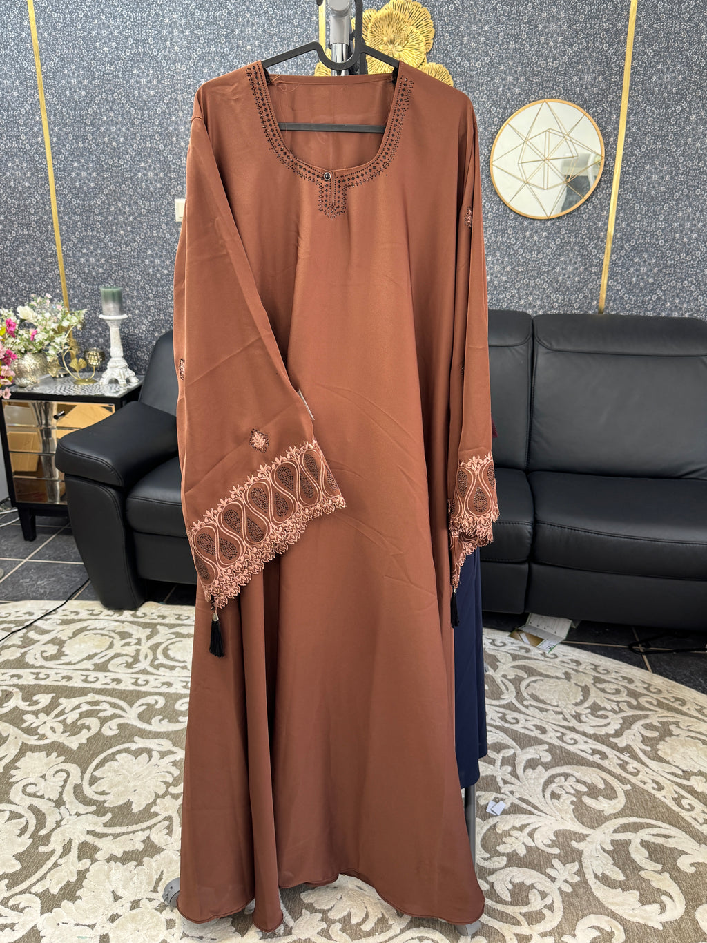 Terracotta Brown Paisley-Patterned Embroidery Abaya