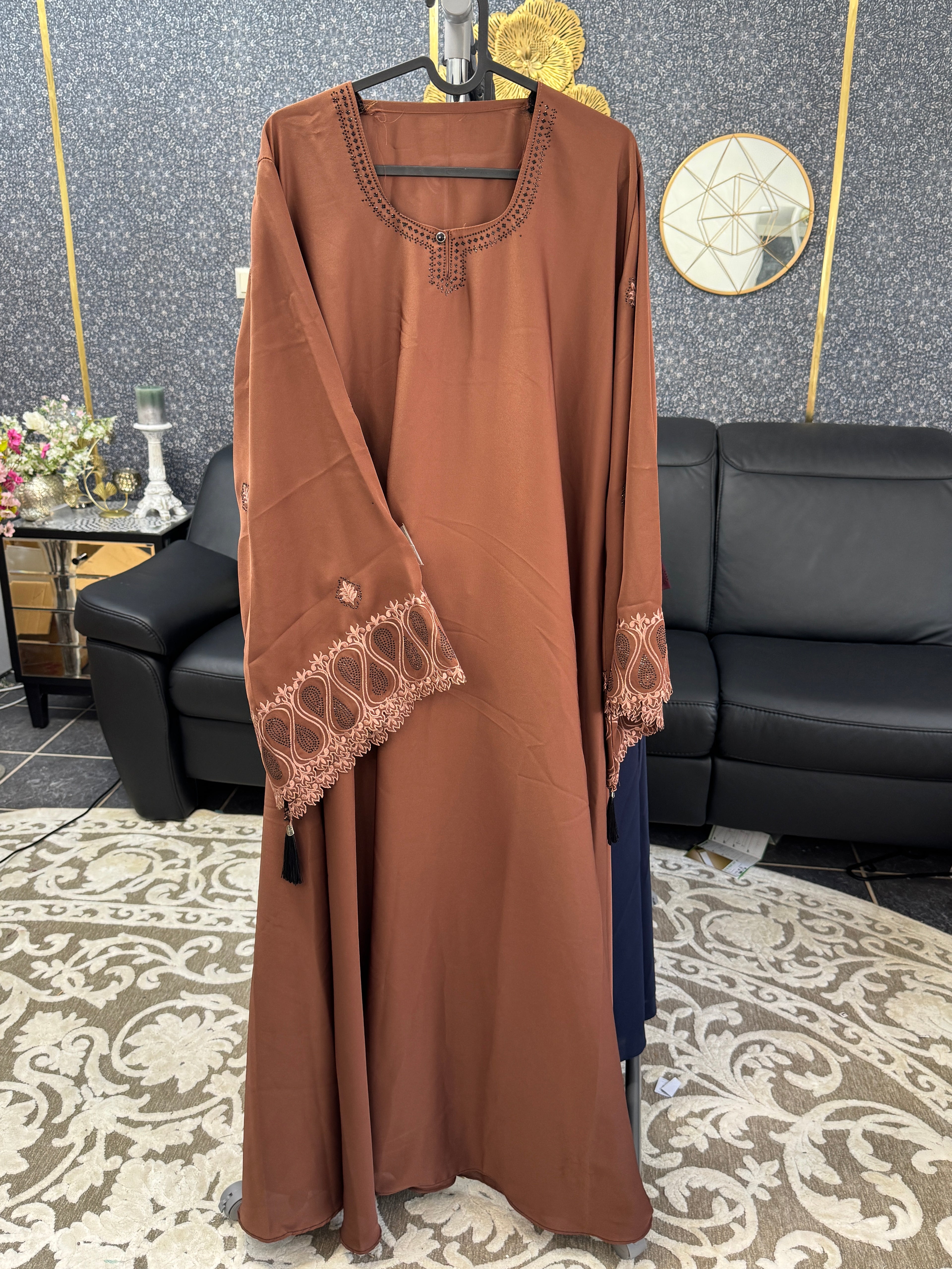 Terracotta Brown Paisley-Patterned Embroidery Abaya