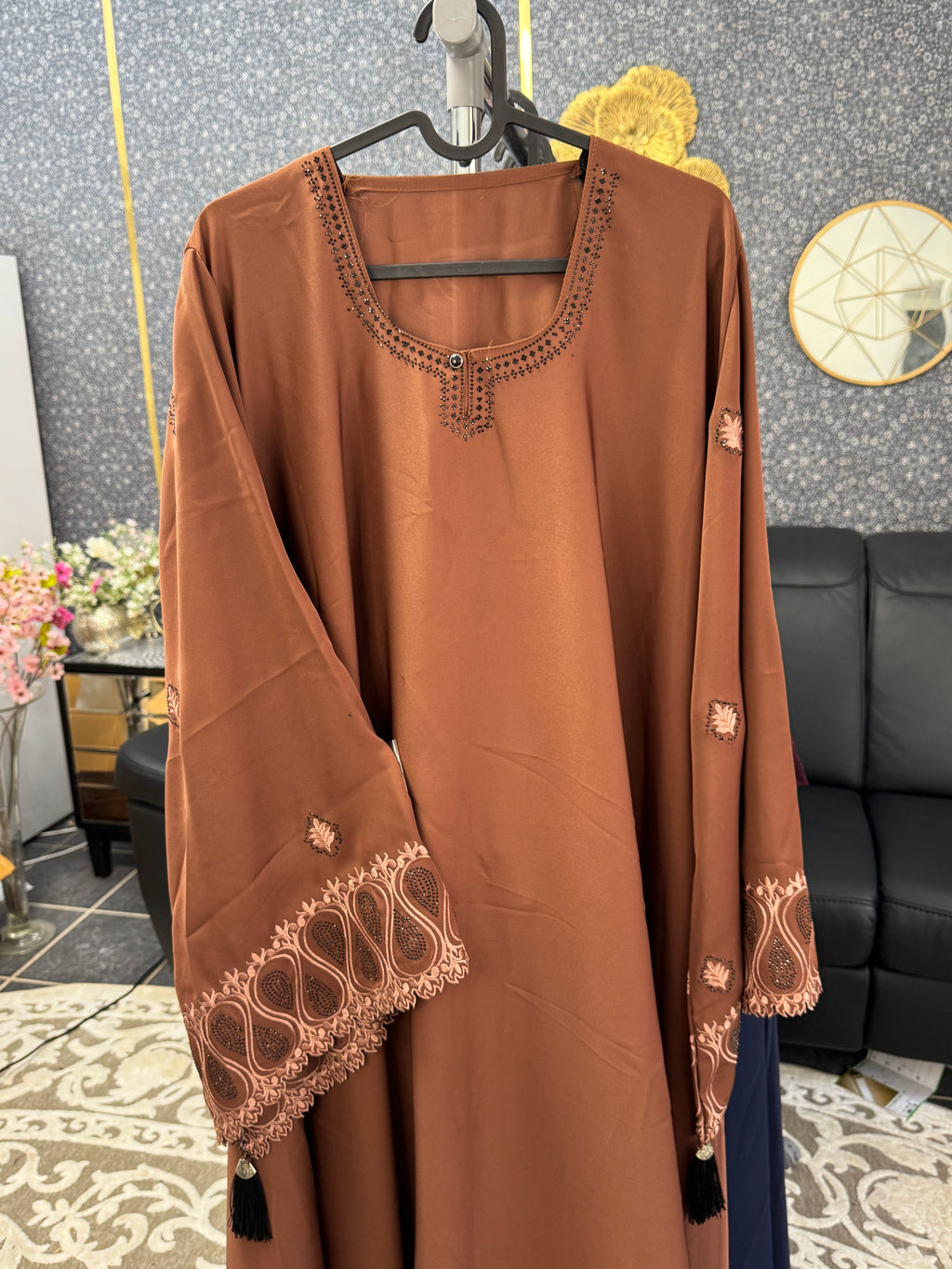 Terracotta Brown Paisley-Patterned Embroidery Abaya
