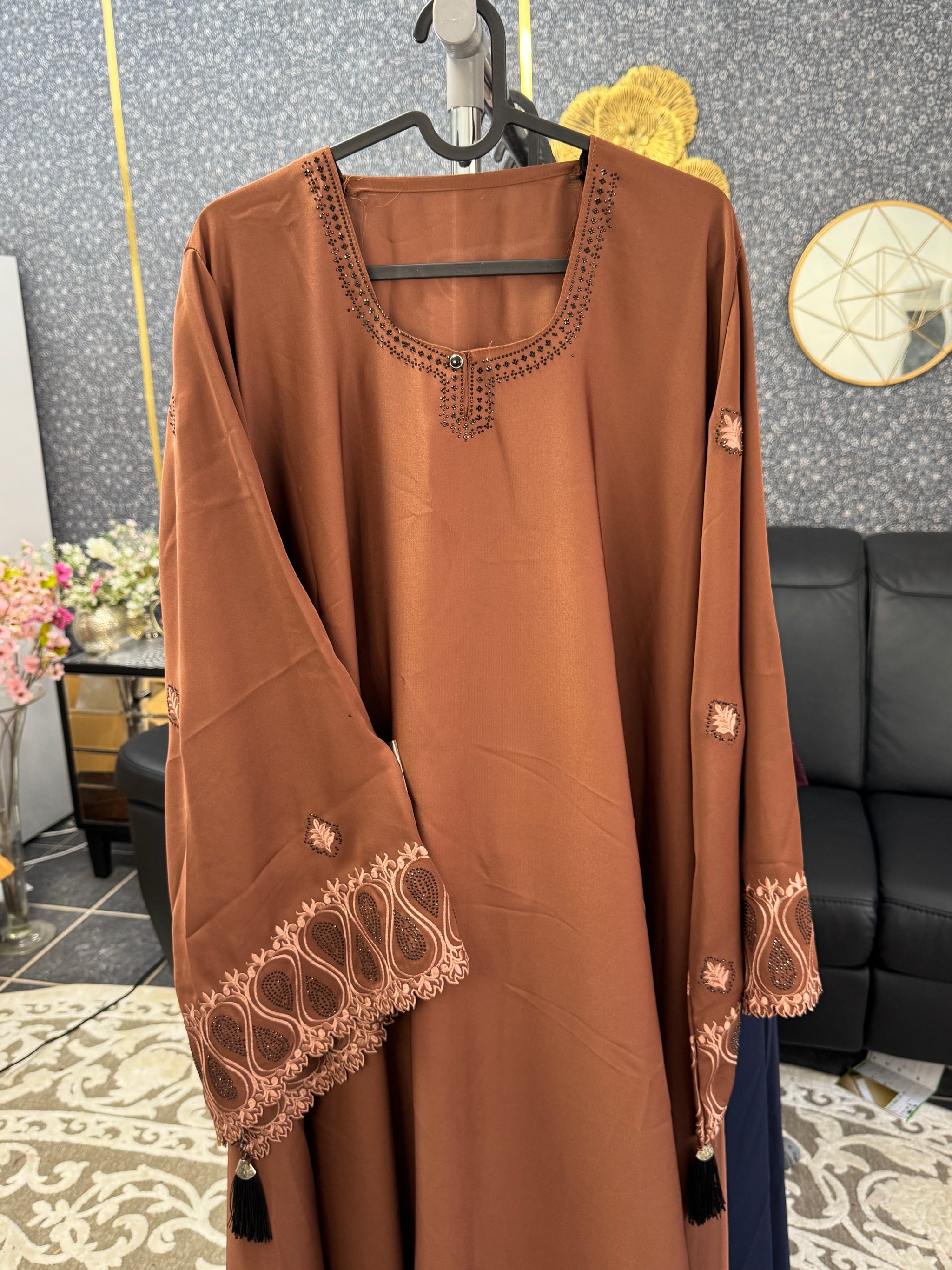 Terracotta Brown Paisley-Patterned Embroidery Abaya