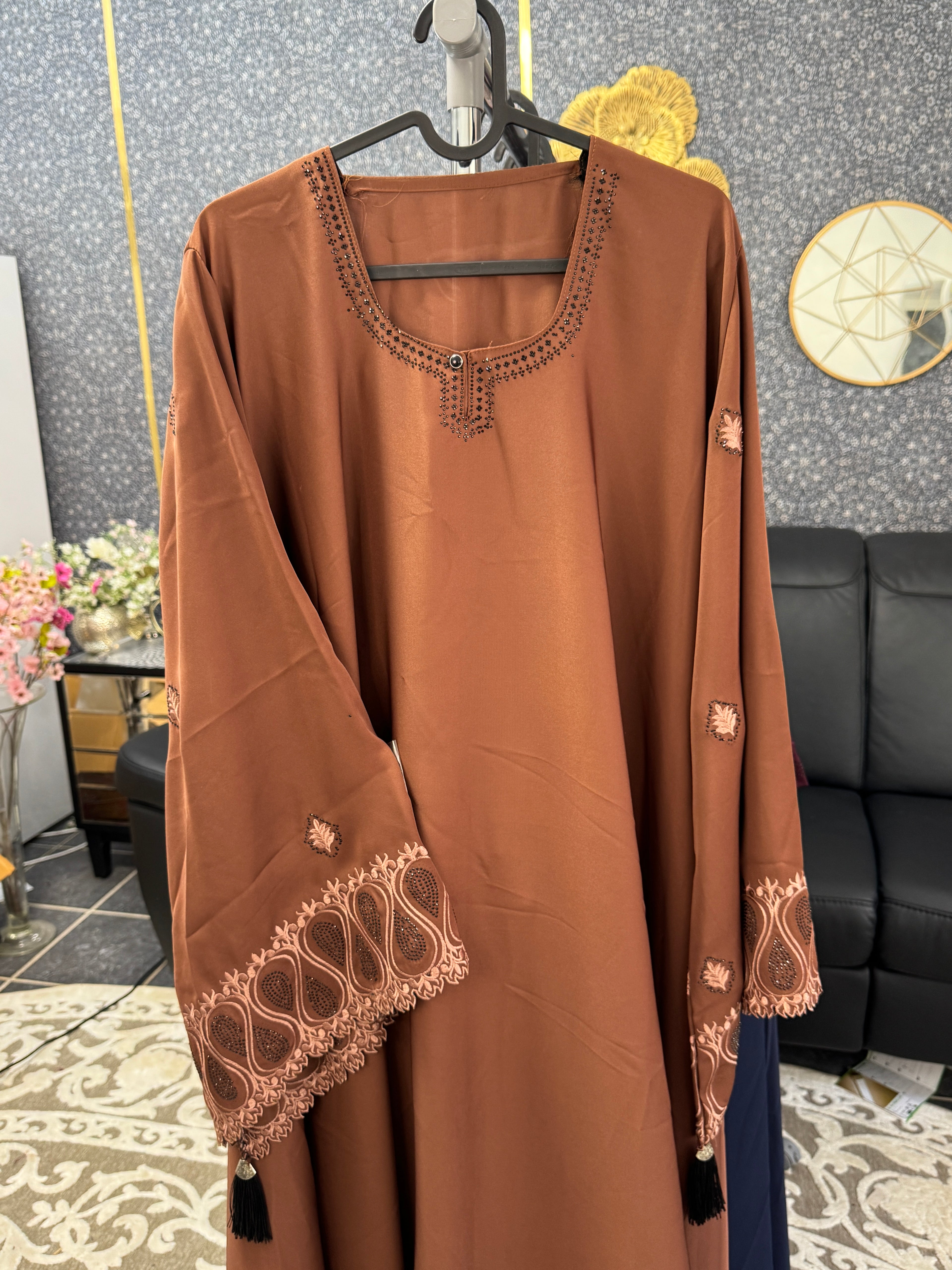 Terracotta Brown Paisley-Patterned Embroidery Abaya
