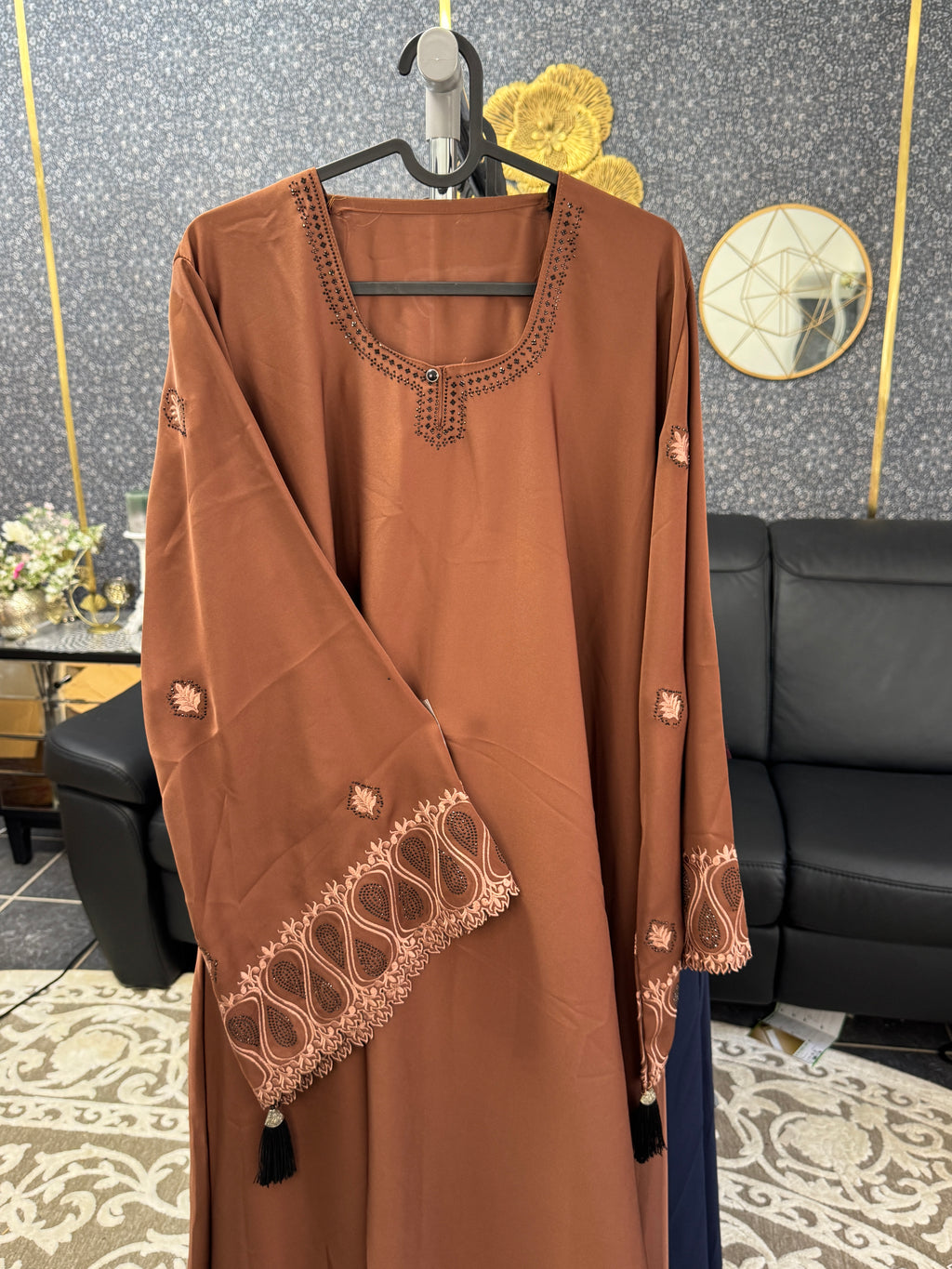 Terracotta Brown Paisley-Patterned Embroidery Abaya