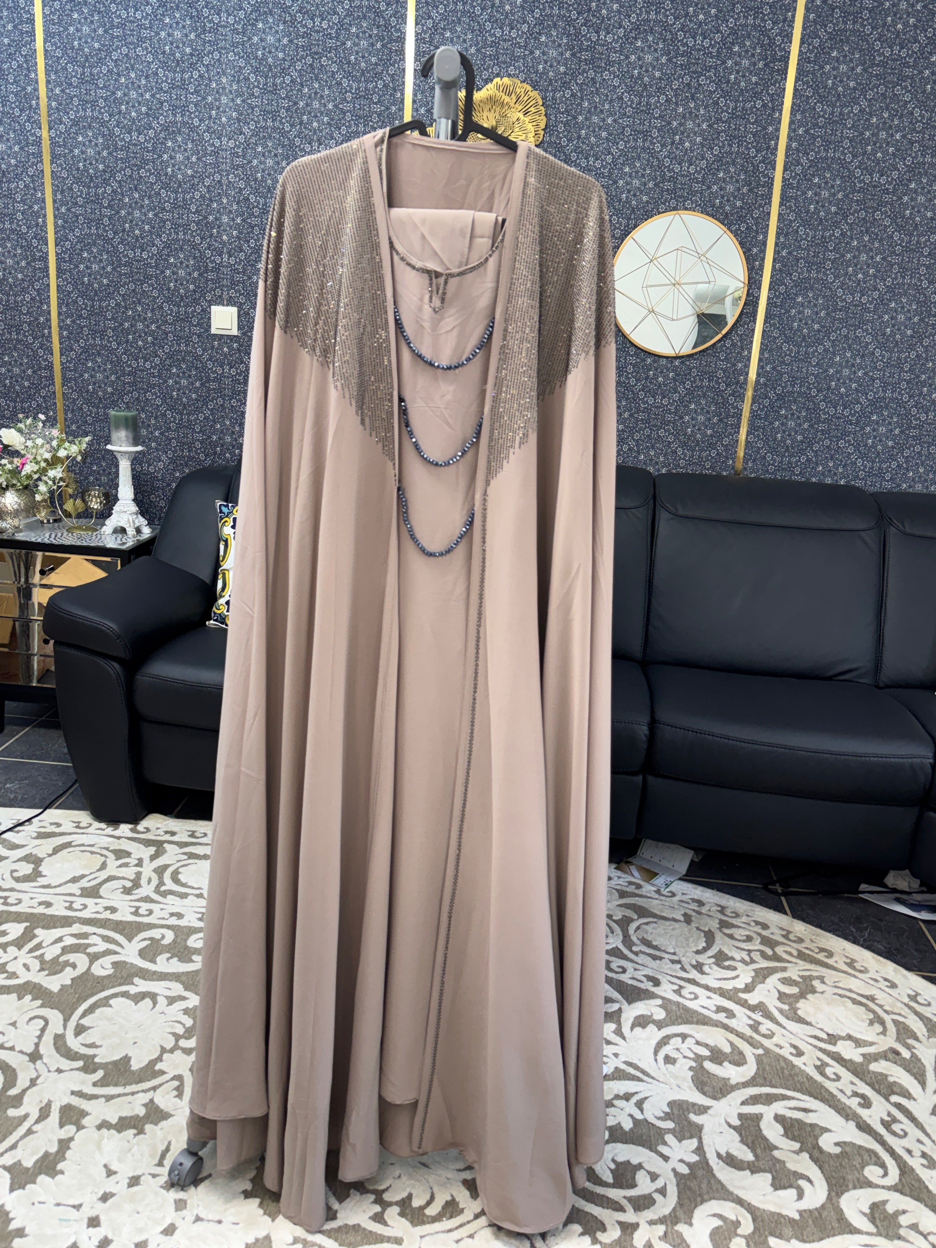 Muted latte brown Kaftan Style Abaya 4pc